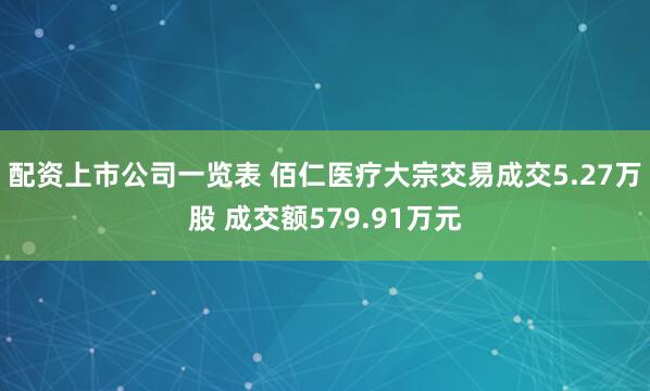 配资上市公司一览表 佰仁医疗大宗交易成交5.27万股 成交额579.91万元